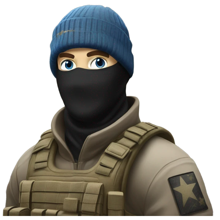 White male, call of duty black mask, camo tactical gear, tan combat boots, black beanie, blue eyes emoji