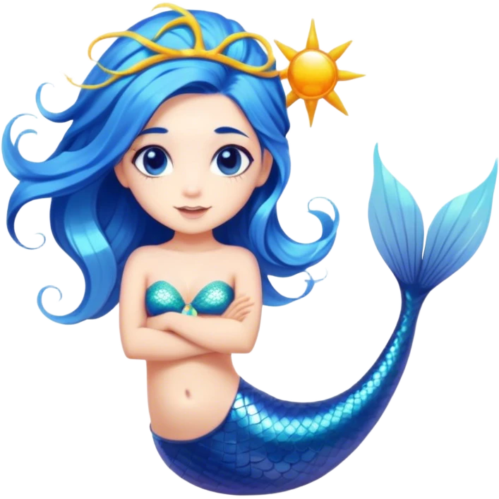 Cinematic Realistic Blue Hair Mermaid Portrait, depicted with lifelike, sun-kissed tanned skin that exudes a warm, radiant glow under gentle underwater lighting. Her intricately detailed, flowing blue hair cascades like a waterfall of ocean hues, framing deep, mesmerizing eyes that capture the vibrant spirit of the sea. Adorned with a shimmering tail and delicate tropical accents, the portrait features an enchanting underwater glow that blends realism with mythic coastal allure. emoji