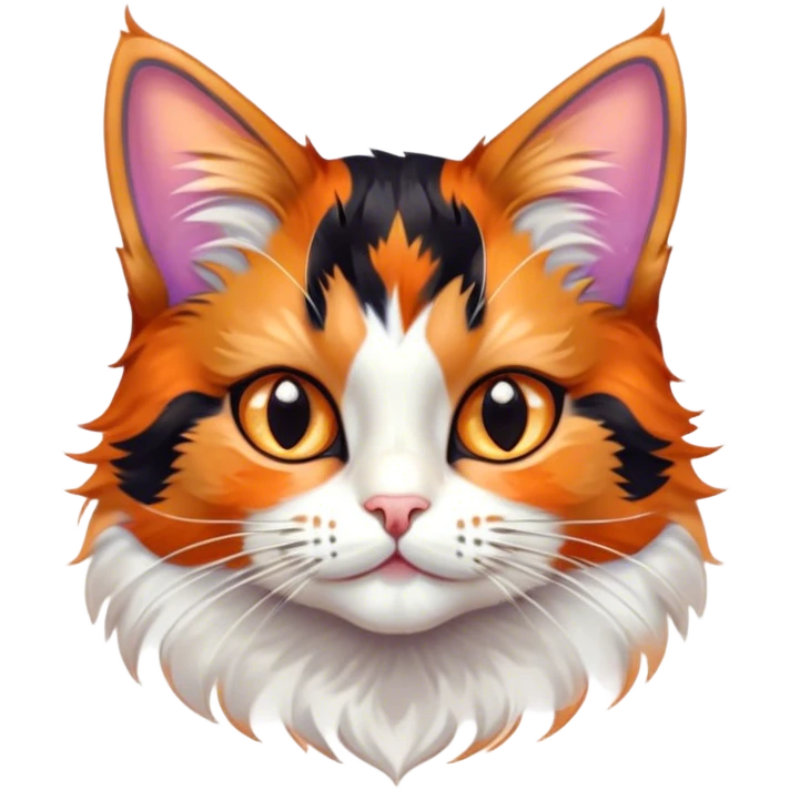 Cinematic Cute Calico Cat Portrait Emoji, Head tilted playfully with sparkling, inquisitive eyes and a charming patchwork fur of orange, black, and white, simplified yet irresistibly adorable, highly detailed, glowing with a warm, inviting glow, high shine, bubbly and affectionate, styled with a touch of whimsical feline charm, soft glowing outline, capturing the essence of a delightfully cute calico cat that looks as if it could prance off the screen into your heart! emoji