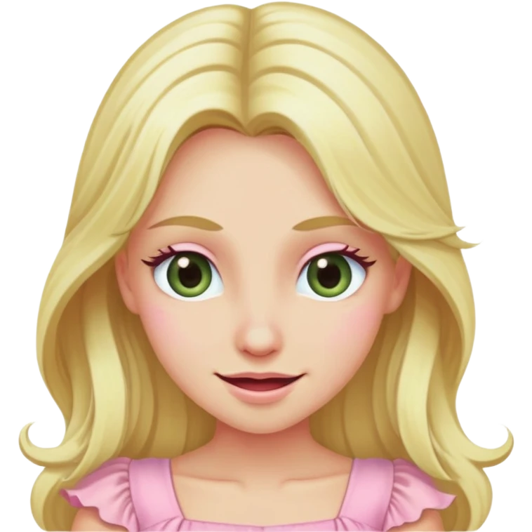 blonde with long hair and swamp eyes in a pink pastel dress, winking emoji