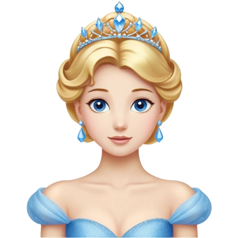 Cinematic Stunning Cinderella Portrait Emoji, Radiant in her sparkling blue ball gown, golden hair in a perfect updo, soft blue eyes full of wonder, glistening tiara, glowing with an ethereal beauty, regal yet kind, a dreamlike aura surrounds her, capturing the essence of a fairy tale princess, elegant and breathtaking! emoji