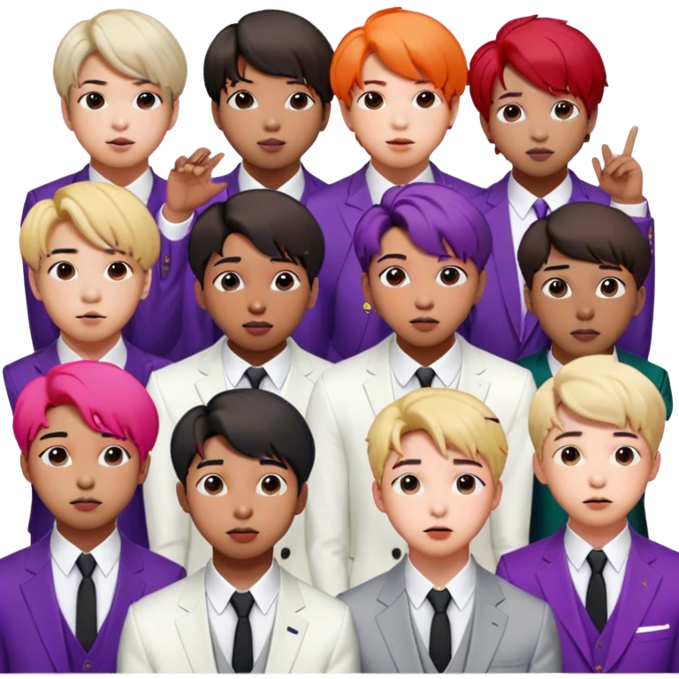Cinematic Realistic group portrait of BTS featuring all 7 members in stylish modern attire, with detailed facial expressions and vibrant colors, captured in dynamic, contemporary lighting that emphasizes their global pop icon status emoji