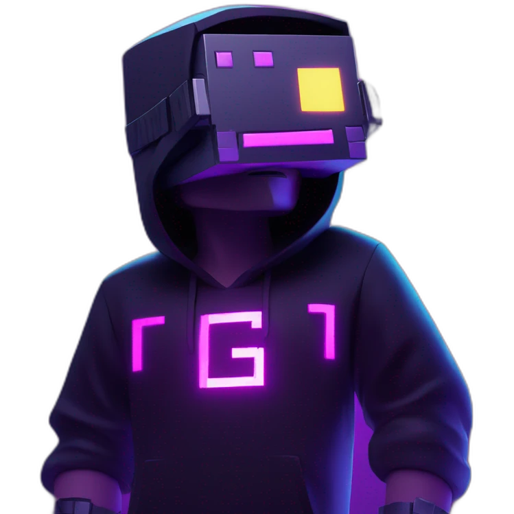 Minecraft steve wearing a black hoodie with "OMG" letters on it and VR headset in a cyberpunk VR environment with violet neon lighting. emoji