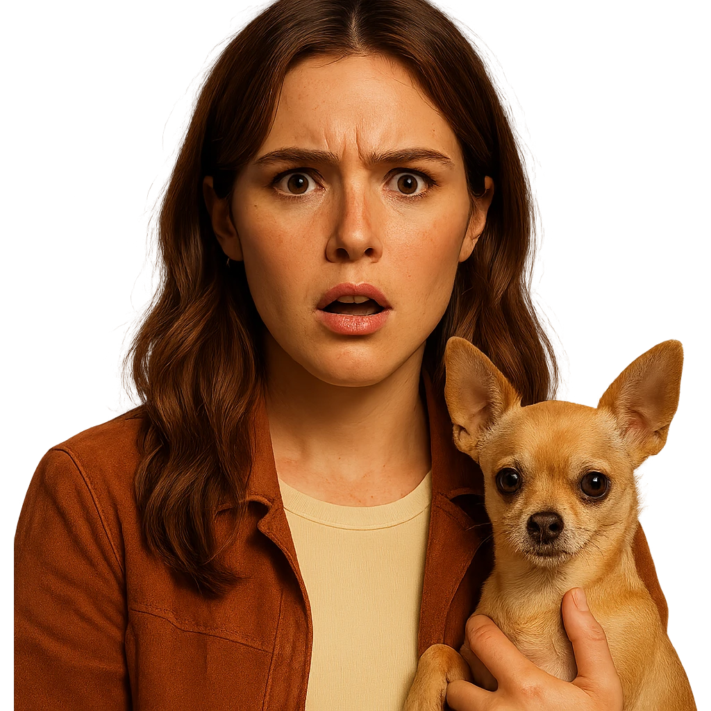 Portrait for Instagram profile picture inspired by the facial features visible in the reference images, with a tanned complexion, subtle freckles, wearing a shirt in color #FFF8CA and a rust-colored jacket, medium-length brown hair with auburn highlights, shocked and indignant expression, holding a beige-brown chihuahua, in the style of a Netflix series, transparent background, intimate Tenerife ambiance. emoji