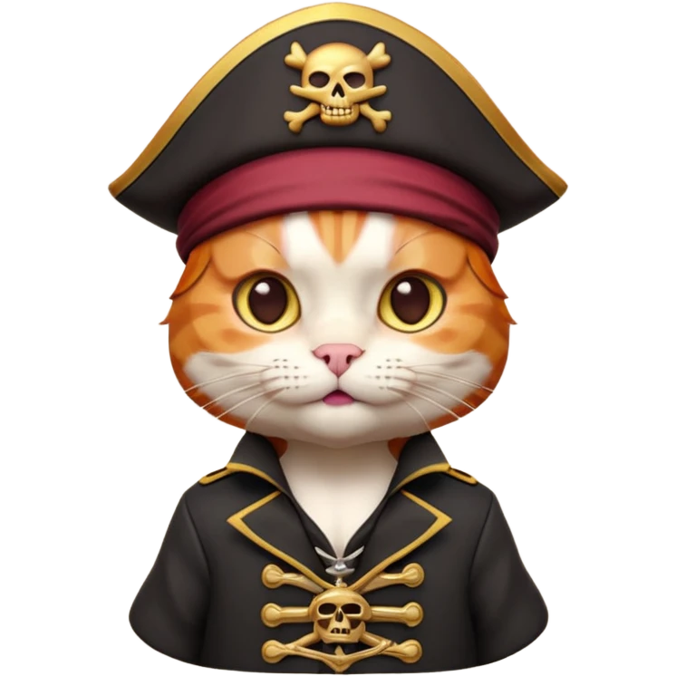 Premium 3D emoji icon of a cute ginger cat pirate, wearing a **burgundy red** pirate hat with a gold skull icon, and a black and gold captain's jacket. Glossy finish, claymorphism style, soft studio lighting, isolated on white background, 8k resolution, stylized professional look --v 6.0 emoji