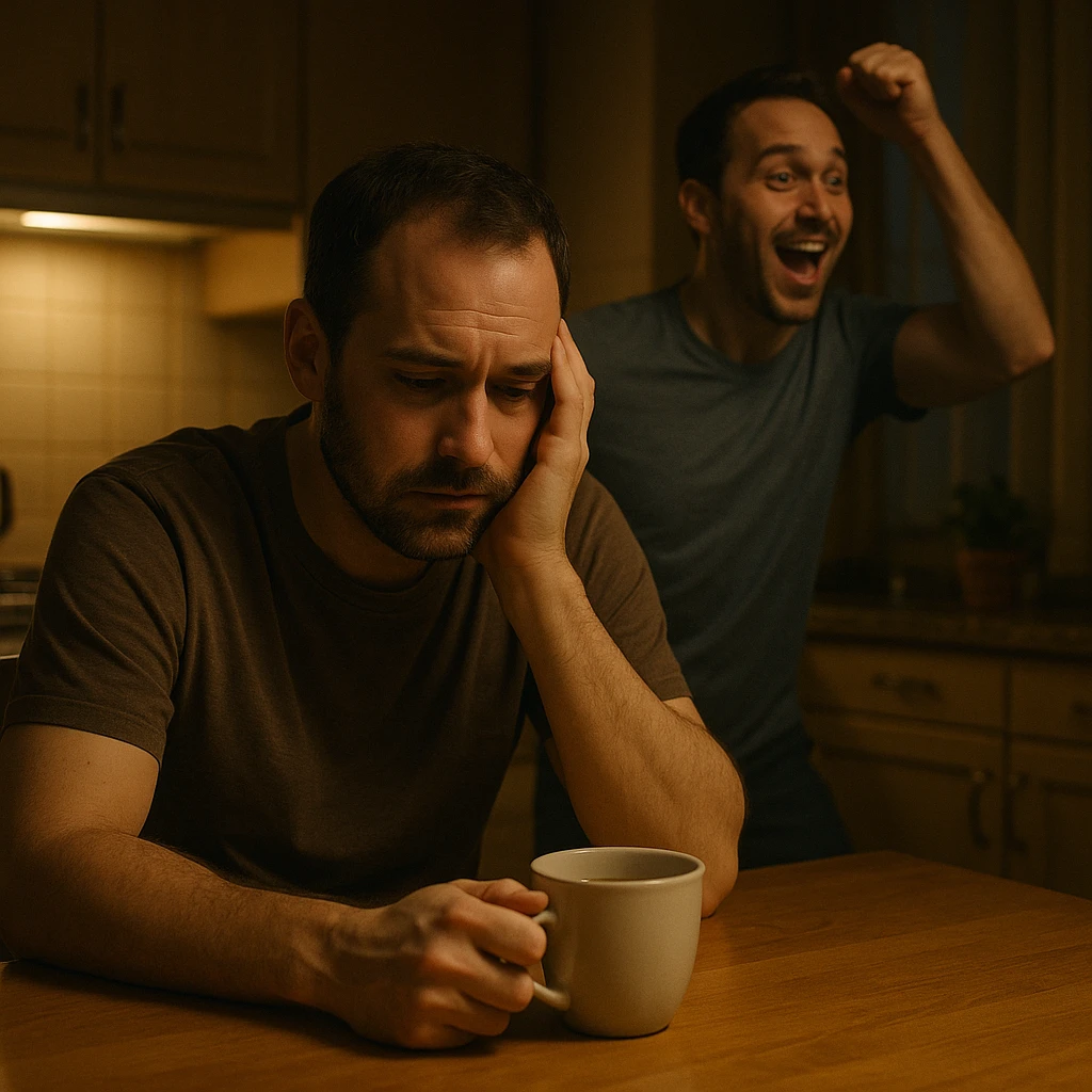 A man sitting at a kitchen table in the evening, staring at a cup of tea, with a subtle double exposure of a more energetic version of himself in the background, representing a 'what if' scenario after a diagnosis. Cinematic, emotional realism, symbolic duality, soft lighting, hyperrealistic 4K. emoji