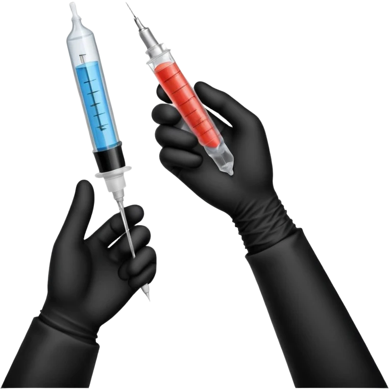 mano con guante medico de color negro sosteniendo una jeringa emoji