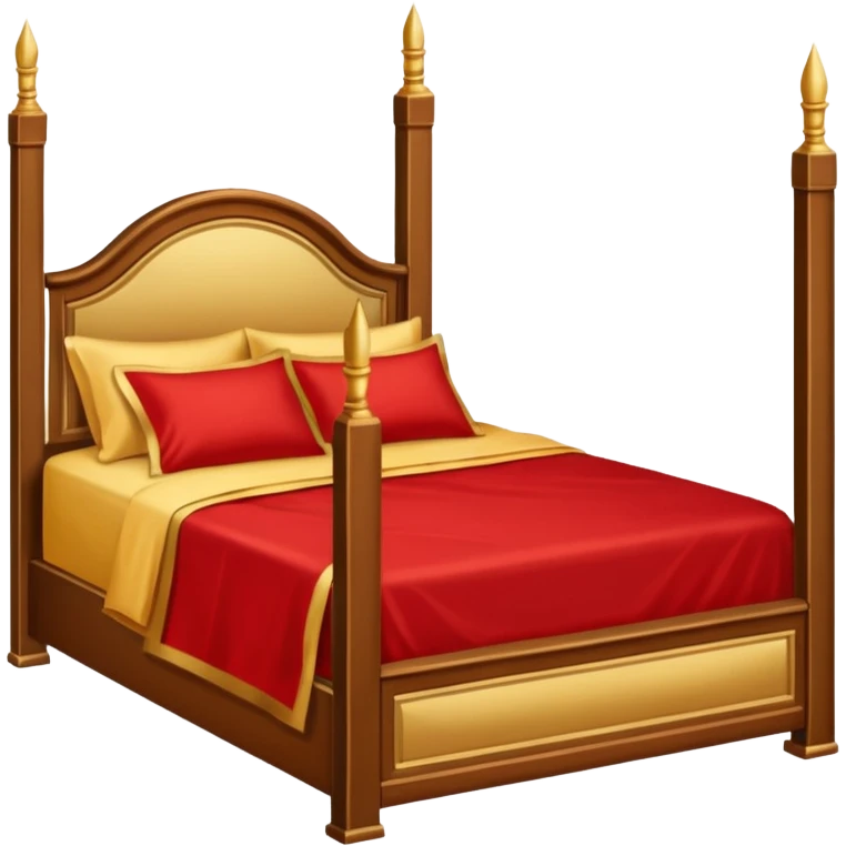 bed with red and gold sheets, wooden emoji