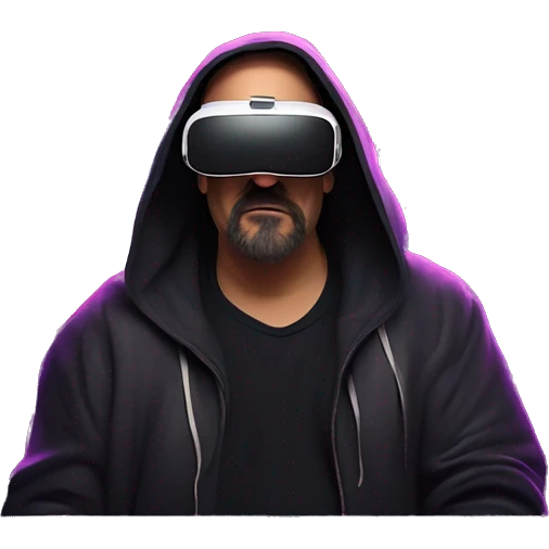 Big Lebowski wearing a black hoodie with "OMG" letters on it and VR headset oculus quest 2 in a cyberpunk VR environment with violet neon lighting. Showing direction with hand emoji