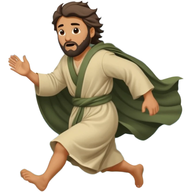 A biblical illustration of Jonah, a weary prophet with simple robes, running towards a stormy seashore. emoji