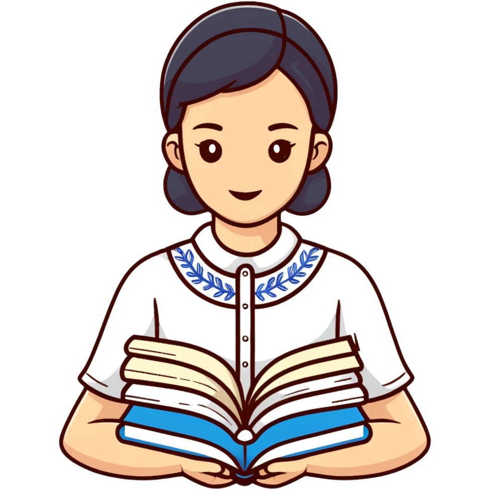Young Ukrainian librarian wearing a traditional white embroidered vyshyvanka shirt with books emoji