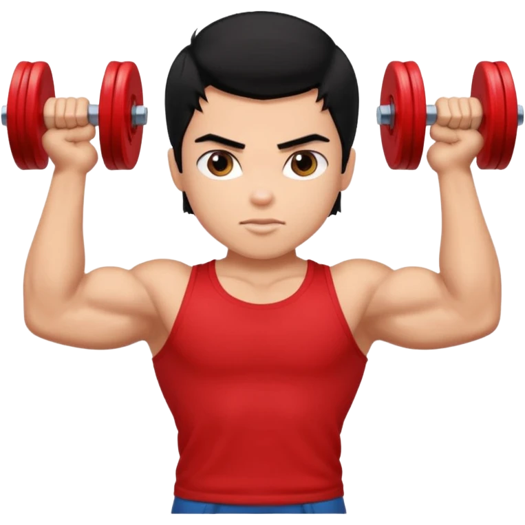 a pretty bratz boy with black hair and a red tshirt, big biceps picking up dumbells emoji