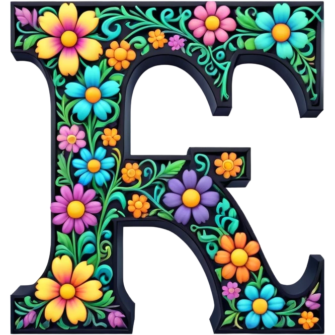 3D, gothic style psychedelic colored Letter T with hippie style flower border emoji