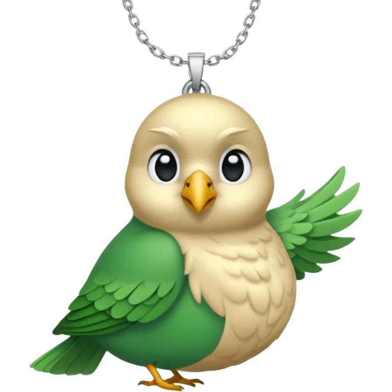 un oiseau classique tout vert avec un collier autour de son cou avec des breloque argentées et un seul poil blond qui fait une petite bouclette sur le front le collier est autour du coup de l’oiseau entre la tête et le corps emoji