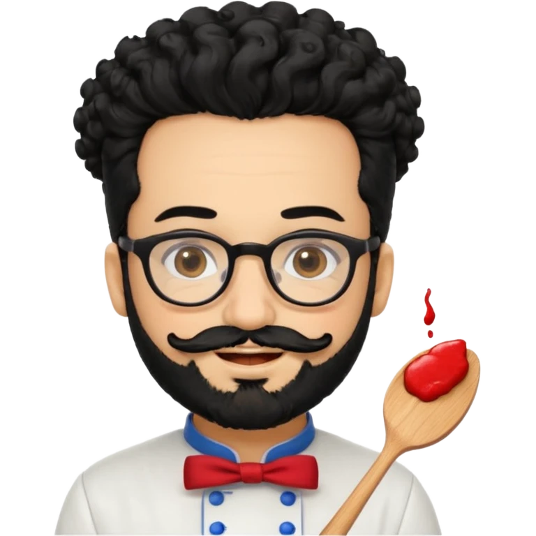 CHEF CON PELO NEGRO RIZO Y BARBA NEGRA, OJOS MARRON OSCURO Y GAFAS DE PASTA NEGRAS. SONRIE Y TIENE MARCAS DE BESOS CON FORMA DE LABIOS EN LAS MEJILLAS (COMO MANCHAS DE PINTALABIOS) emoji
