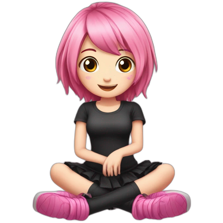 Full body Front view curvy emo girl pink hair sits on the floor straight view hands up black skirt белые трусики полосатые рваные чулки emoji