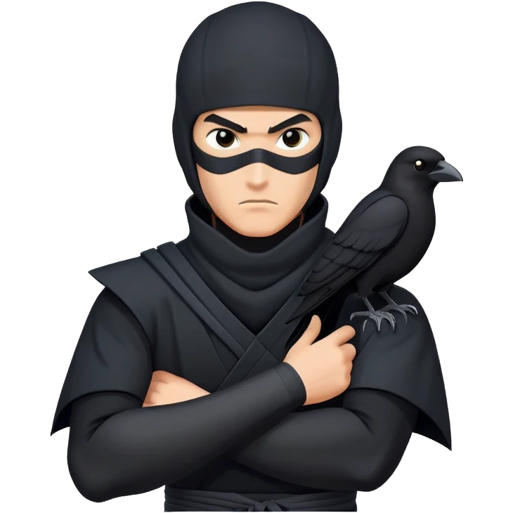 clash-of-clans-aesthetic_-cinematic-mysterious-male-ninja-portrait-emoji, rendered in a flat, vector-style with minimal shading and bold, simplified shapes, with a head slightly turned revealing intense, focused eyes. the ninja has his arm out and perched on top of his forarm is  a black crow emoji