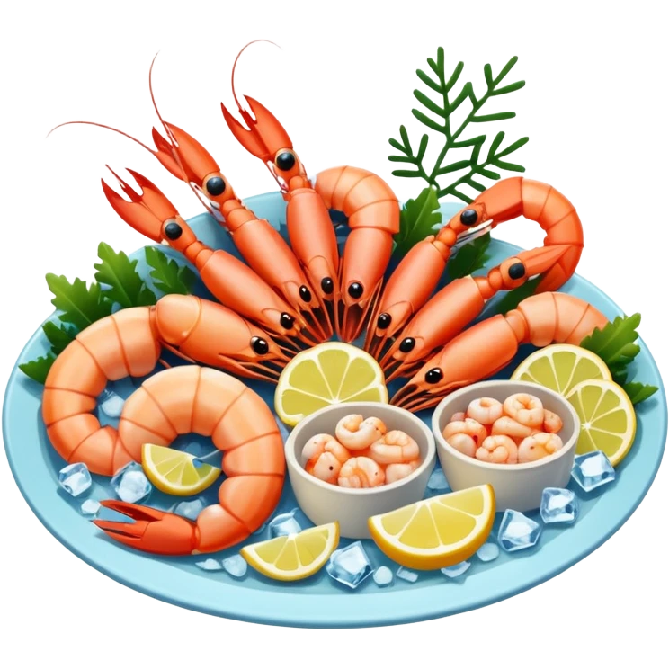 Create a realistic seafood platter with cooked prawns, ice, & garnish. emoji