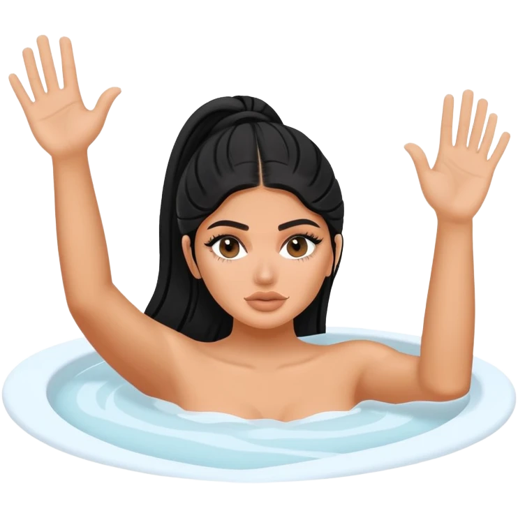 Kylie Jenner in jacuzzi with one hand raised up and other hand holding onto the edge of the jacuzzi emoji