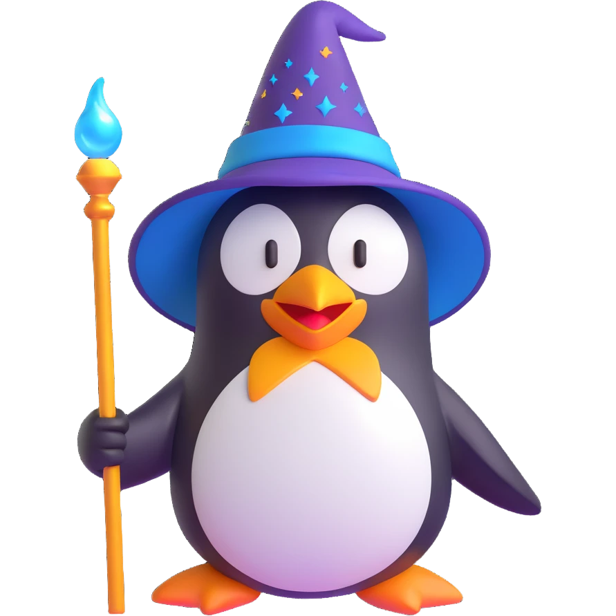 3D emoji-style penguin wizard with a shiny hat and glowing staff emoji