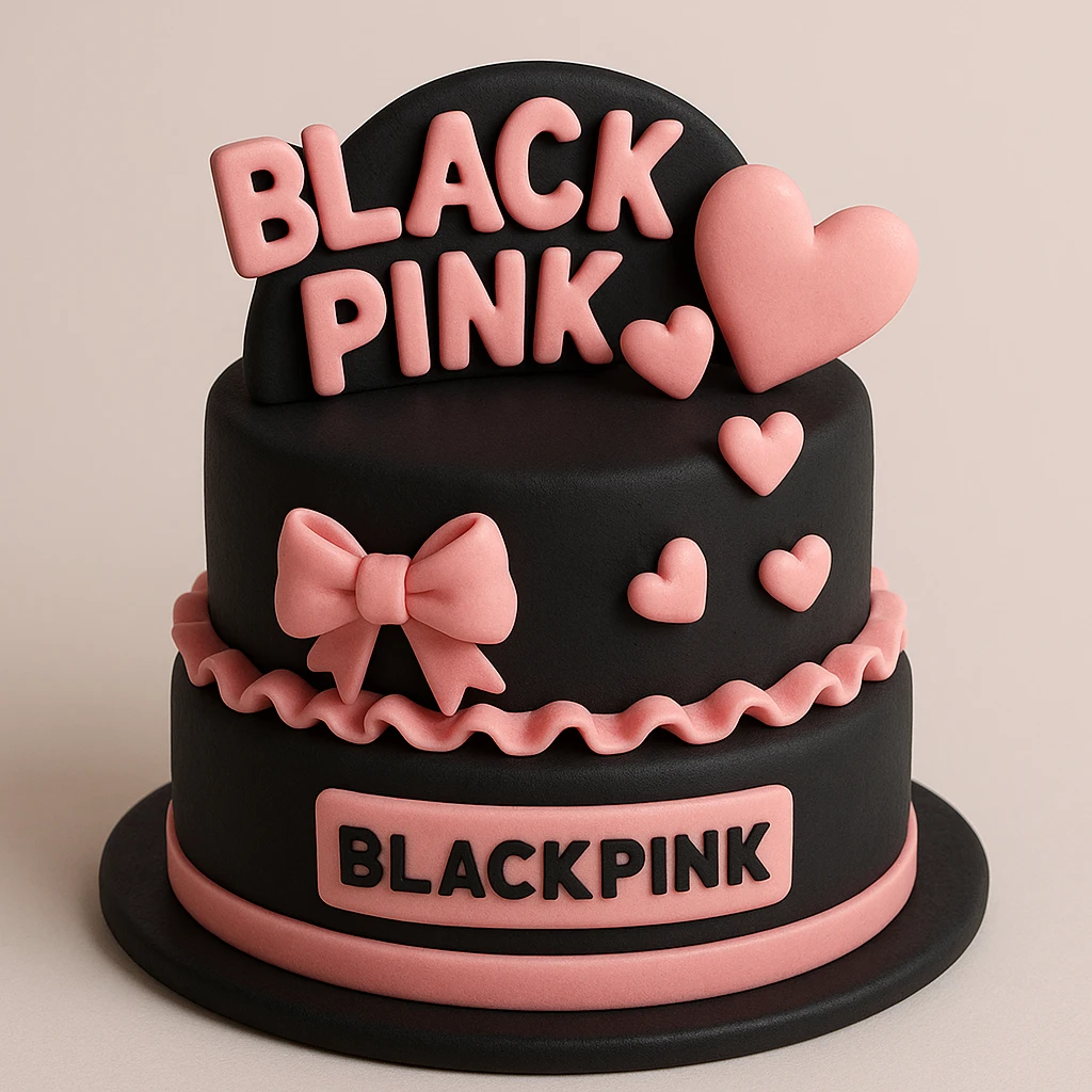 BLACKPINK-inspired object, black and pink colors, sweet and sculpted cake design, fondant cake art style emoji
