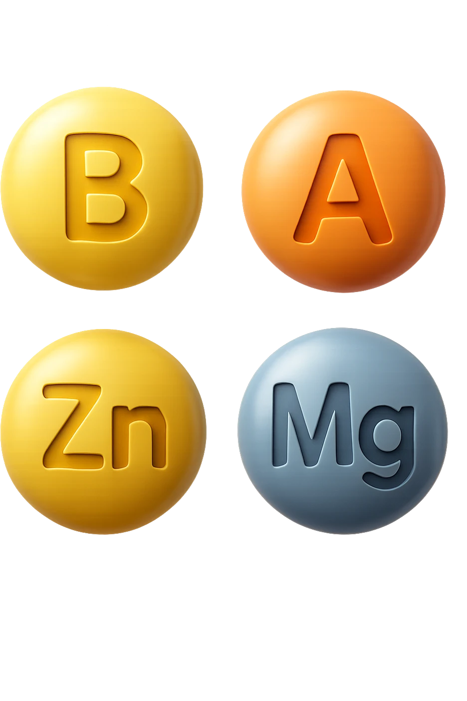 emoji stile iphone in 3d di vitamina B, vitamina A, zinco, magnesio fluttuano in aria, iperrealistico 4k emoji