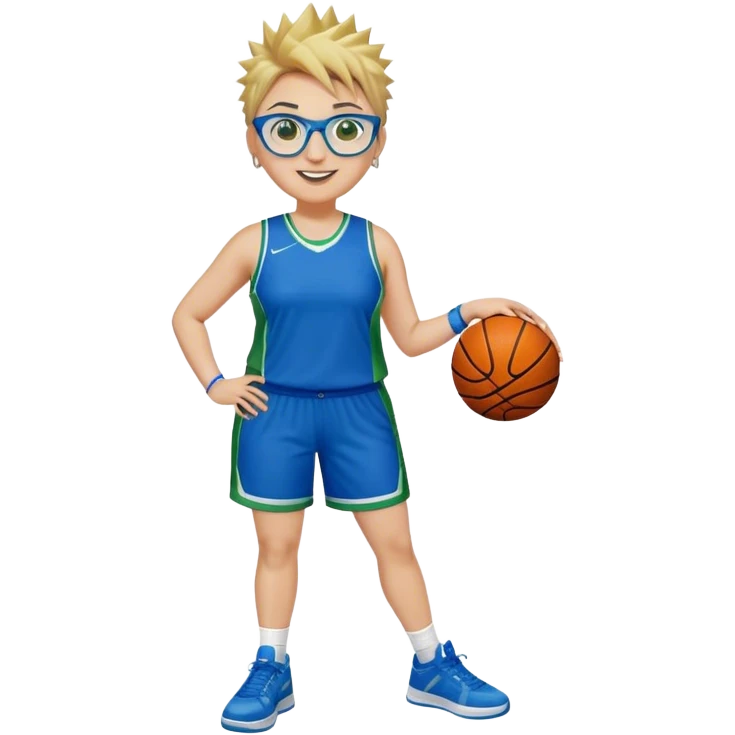 Full Body plus size white female basketball player with medium brown with blond hair with short spike hair wearing blue glasses 
With a small wide nose wearing blue green uniform  green sneakers smiling wearing silver hoop earring  emoji
