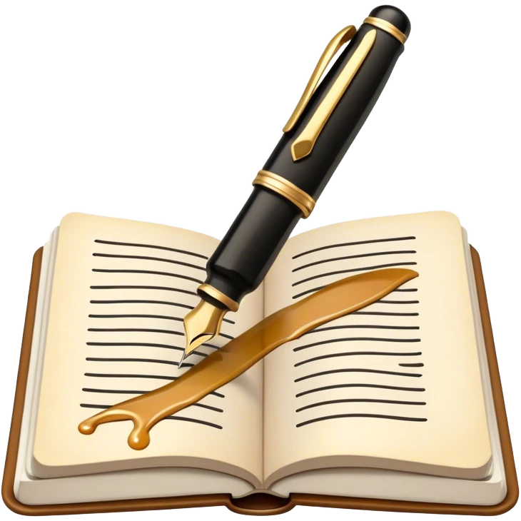Create a vibrant emoji representing prose writing. The design should feature a classic fountain pen or quill in black, with black ink flowing from it onto an open notebook or paper. The ink should have a smooth, flowing effect to evoke creativity and storytelling. Use warm, earthy tones like brown, gold, and cream for the background elements. The emoji should convey literary elegance and artistic expression. Make the background transparent. emoji