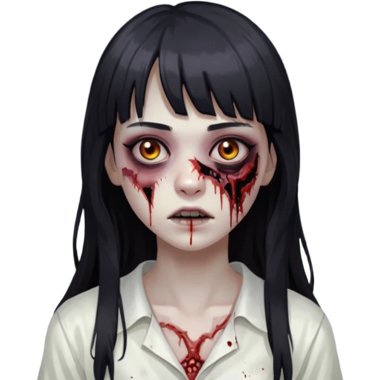 Make a girl with bangs with very dark black and long hair, light brown eyes and white clothes in the form of a zombie emoji