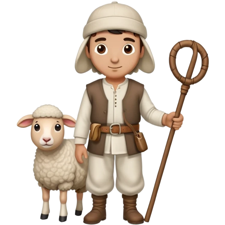 A Turkish shepherd wearing a white felt kepenek, loose shalwar pants, a cloth belt, and a wool cap, holding a wooden staff beside a sheep emoji
