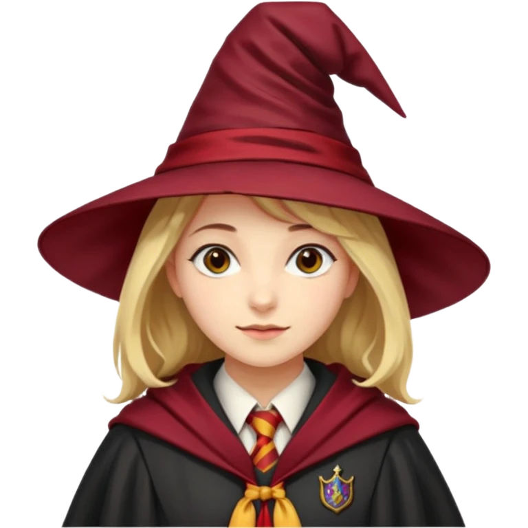A young woman wearing a classic witch’s hat, red tie, and wizarding robes. This outfit suggests she's a student from Gryffindor House (from the Harry Potter universe), as the red tie is a signature detail of that house's uniform. emoji