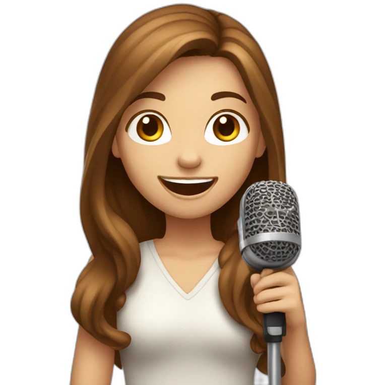 Caucasian girl with long Brown hair holding a michophone singing happy emoji