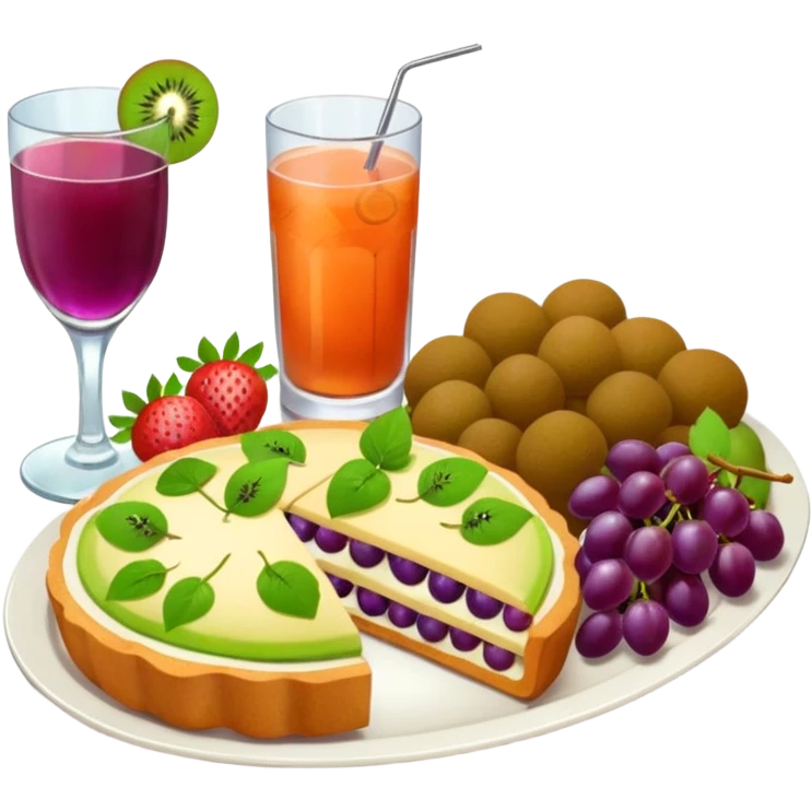 Crie uma bandeja de frutas e salgados coxinha e pão e lasanha sucos drink emoji
