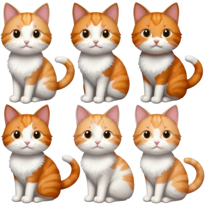 6 cats with different coloured coats, 2 are grey and white, 1 is grey with a little white, 1 calico, 1 brown tabby and white and one ginger and white emoji