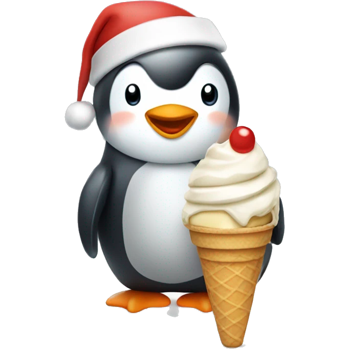 Very cute penguin wearing Santa hat eating ice cream  emoji