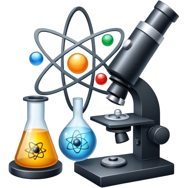 An icon featuring an atom, a microscope, and a set of physics formulas, symbolizing the study of physics. The design includes a pendulum, a magnet, and a light wave, representing energy, forces, and matter. Transparent background highlights scientific exploration and physical phenomena. emoji
