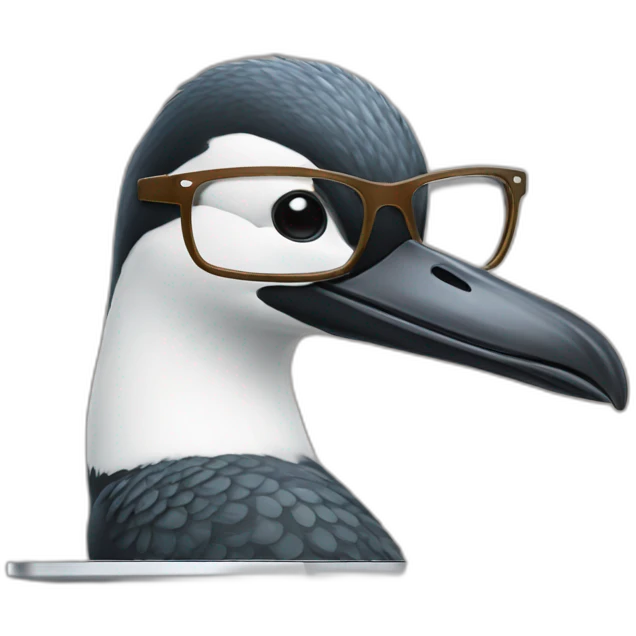 a minnesota loon coding on a macbook wearing glasses emoji