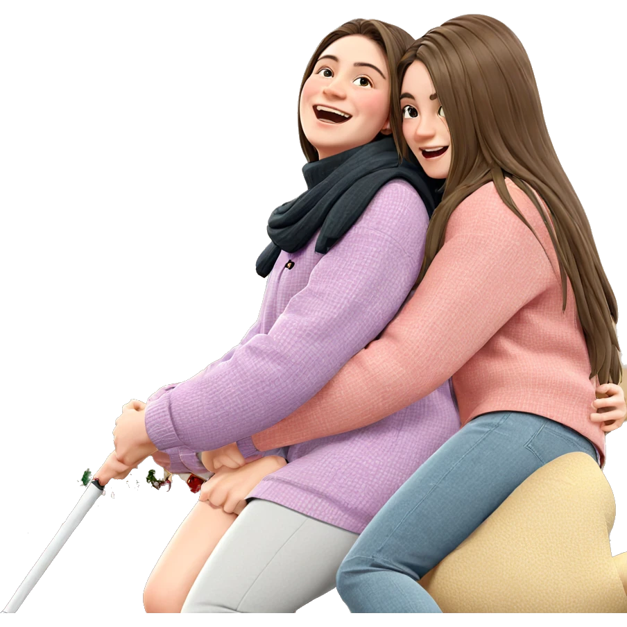 girls hugging by christmas tree emoji