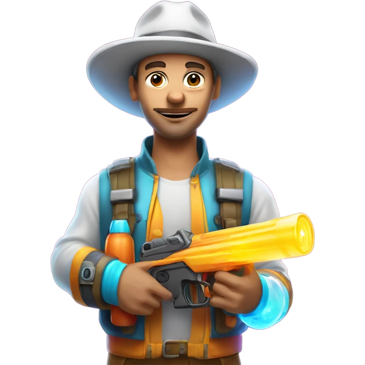 Caucasian man in glowing outfit and hat with bubble guns in each hand emoji