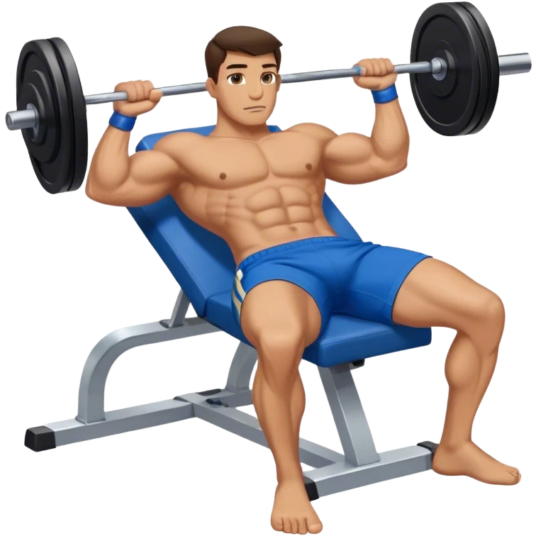 brunette buff man with blue shorts lying down benchpress emoji