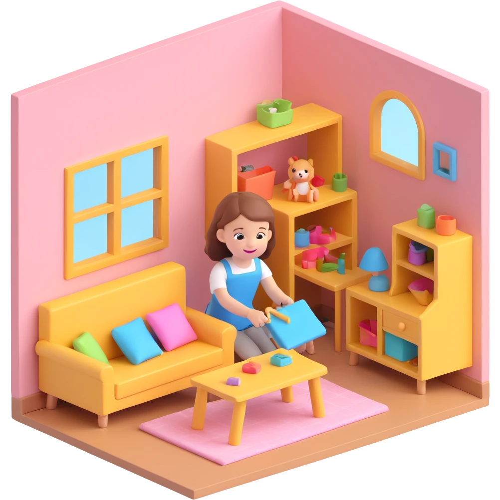 smiling girl arranging furniture in doll house emoji