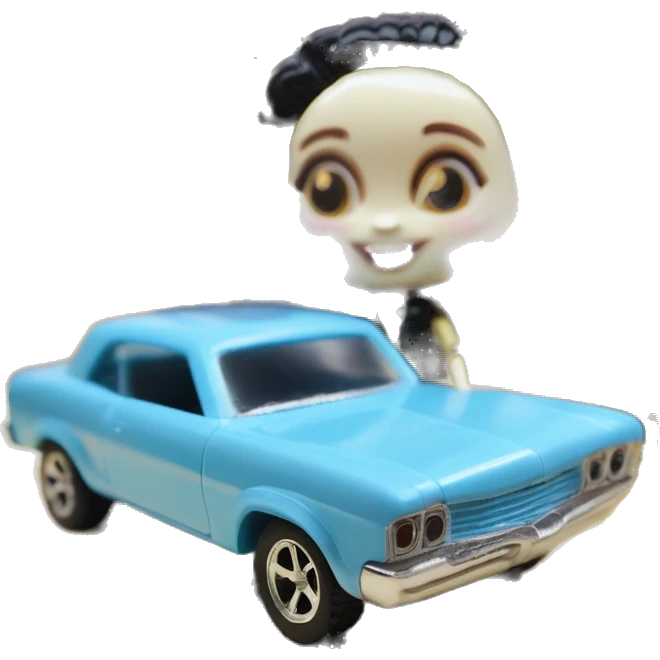 Side view Baby blue Wednesday Addams Barbie Hot wheels Bone Shaker street rod emoji