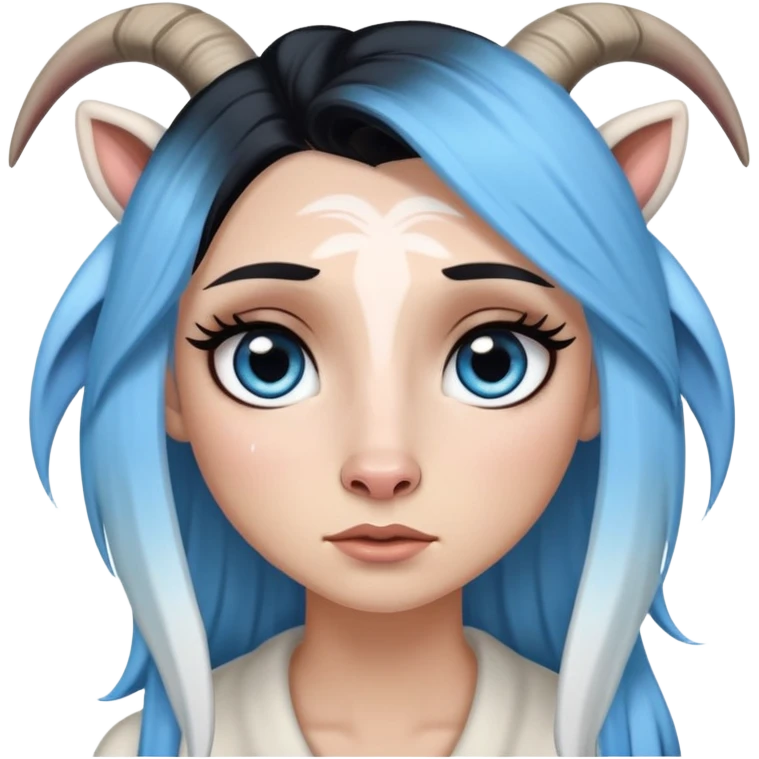 Full body-5 foot 7 inches-White female-big tears-gorgeous face-very very long eyelashes-sky blue eyes with black eyeliner-very very long straight black to sky blue hair ombre-dressed as a goat emoji