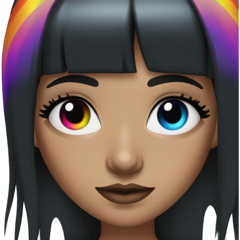 white girl blue eyes with long black hair and rainbow fringe. Wearing black crop top and with dark eye makeup on her eyes emoji