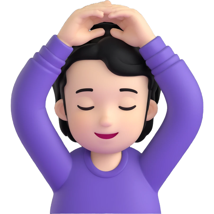 white boy smiling with right hand behind head, black hair, closed eyes emoji