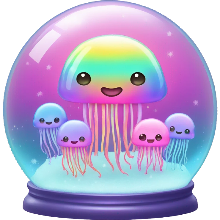 Kawaii rainbow pastel family of jellyfish  in neon snow globe  emoji