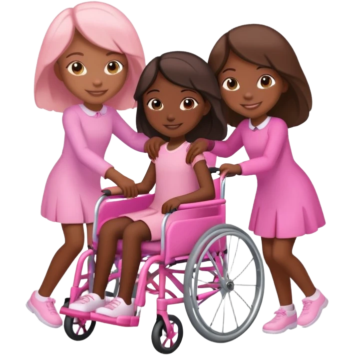 One dark skinned sister and one tan skinned sister pushing her light brown sister in a pink wheelchair emoji