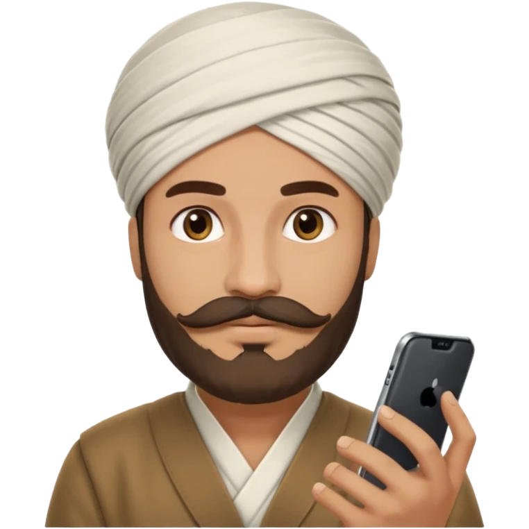 A man wearing imama sharif (traditional turban), with a beard and moustache, using a smartphone. The man looks focused while using the mobile. Realistic emoji-style illustration with soft lighting and warm tone emoji