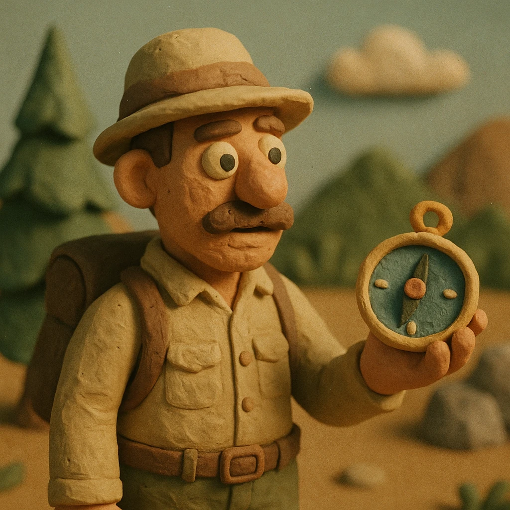claymation explorer with a compass, pastel colors emoji