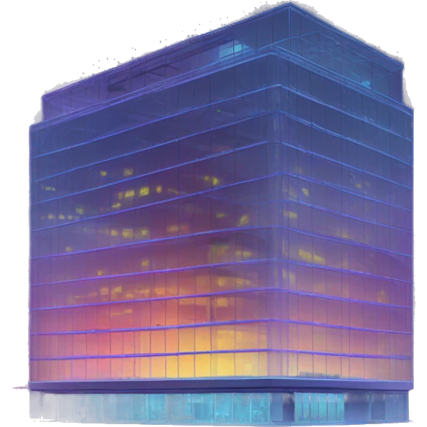 “Modern glass building with neon ‘Trendimizbir’ sign glowing brightly on the top floor.” emoji